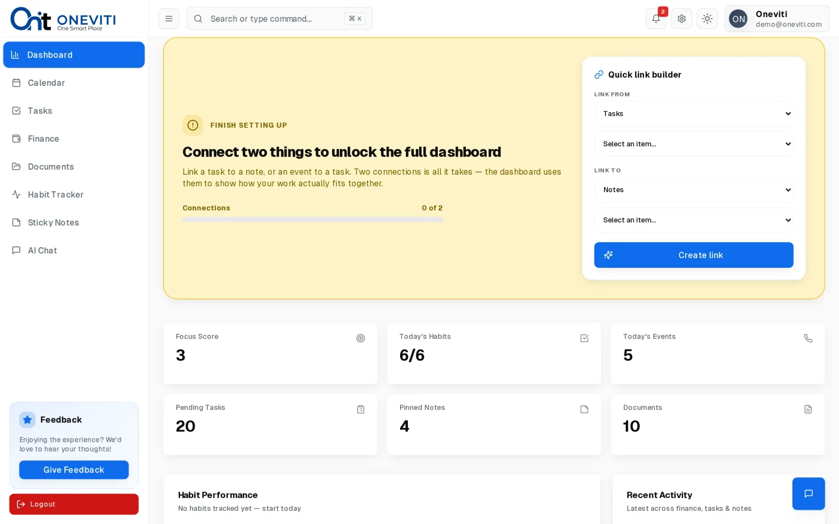 The Oneviti dashboard: focus score, habits completed today, today's events, pending tasks, pinned notes and document count, above a habit performance chart and a recent activity list.