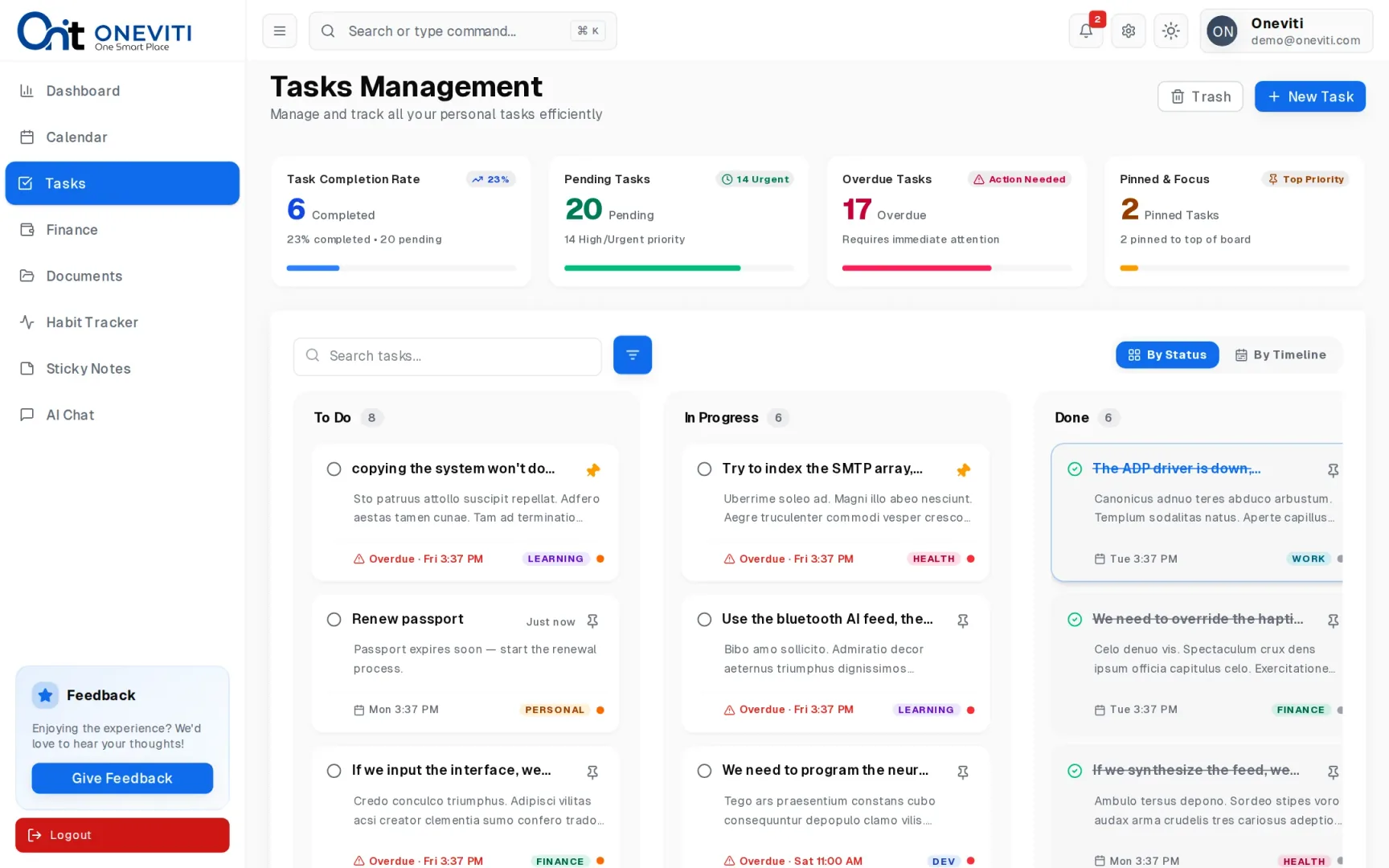 The Oneviti tasks board: completion rate, pending, overdue and pinned counts across the top, then four columns — To do, In progress, Done and Backlog — of task cards showing due dates, priority and category.